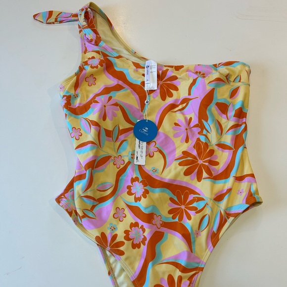 NWT Cupshe Retro Daisy Print Knotted One-Shoulder One Piece Swimsuit - Picture 1 of 7